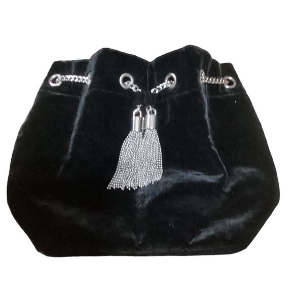 White House Black Market Black Velvet Crossbody Evening Bag Bucket Bag with Silv - Picture 13 of 14